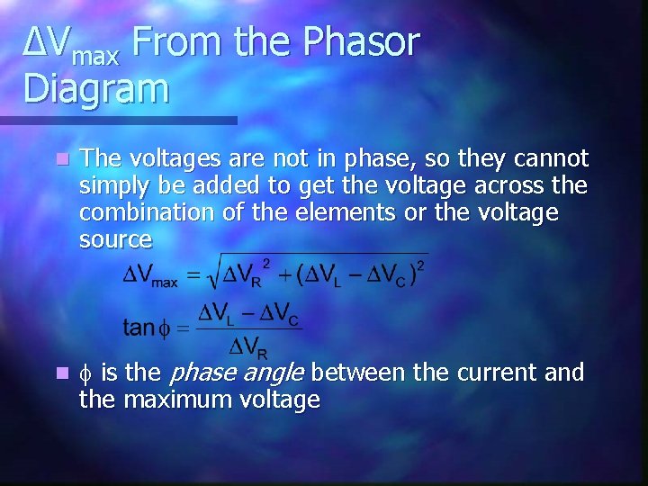 ΔVmax From the Phasor Diagram n The voltages are not in phase, so they