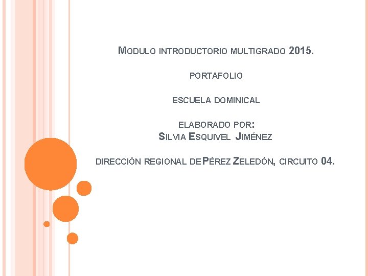 MODULO INTRODUCTORIO MULTIGRADO 2015. PORTAFOLIO ESCUELA DOMINICAL ELABORADO POR: SILVIA ESQUIVEL JIMÉNEZ DIRECCIÓN REGIONAL