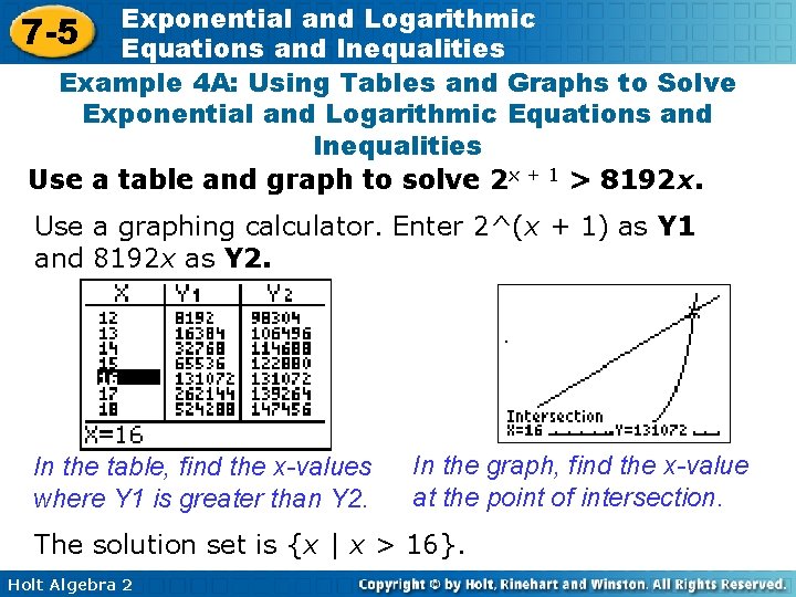 Exponential and Logarithmic 7 -5 Equations and Inequalities Example 4 A: Using Tables and