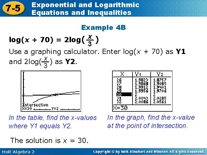 7 -5 Exponential and Logarithmic Equations and Inequalities Example 4 B log(x + 70)