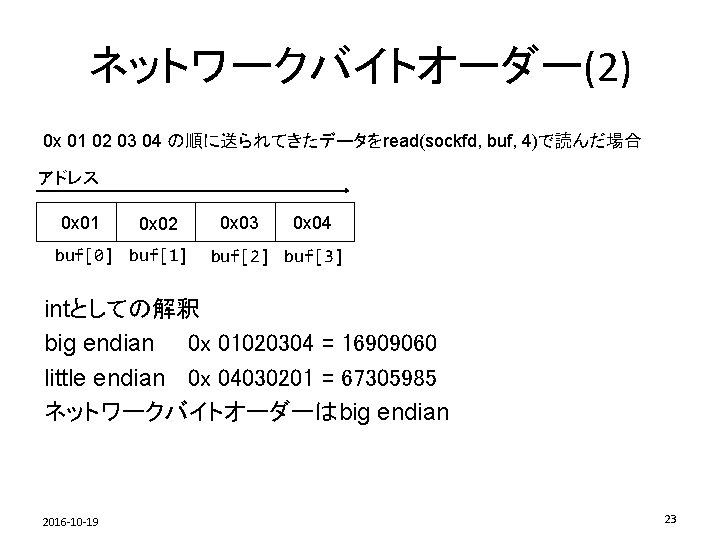 ネットワークバイトオーダー(2) 0 x 01 02 03 04 の順に送られてきたデータをread(sockfd, buf, 4)で読んだ場合 アドレス 0 x 01