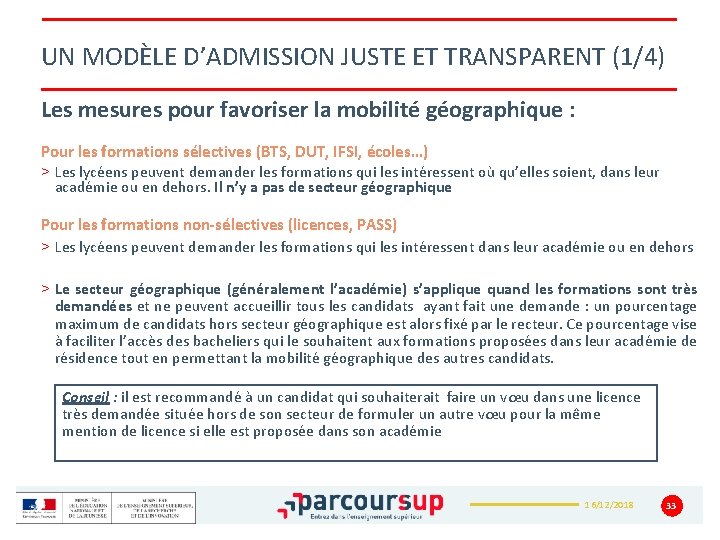 UN MODÈLE D’ADMISSION JUSTE ET TRANSPARENT (1/4) Les mesures pour favoriser la mobilité géographique