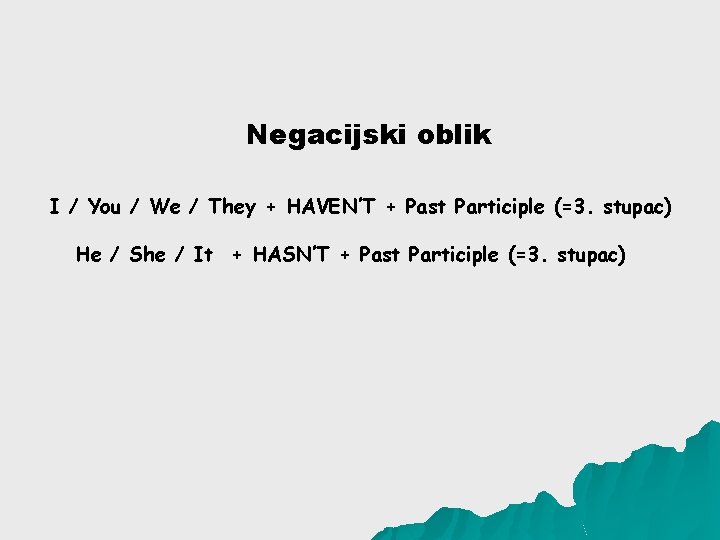 Negacijski oblik I / You / We / They + HAVEN’T + Past Participle