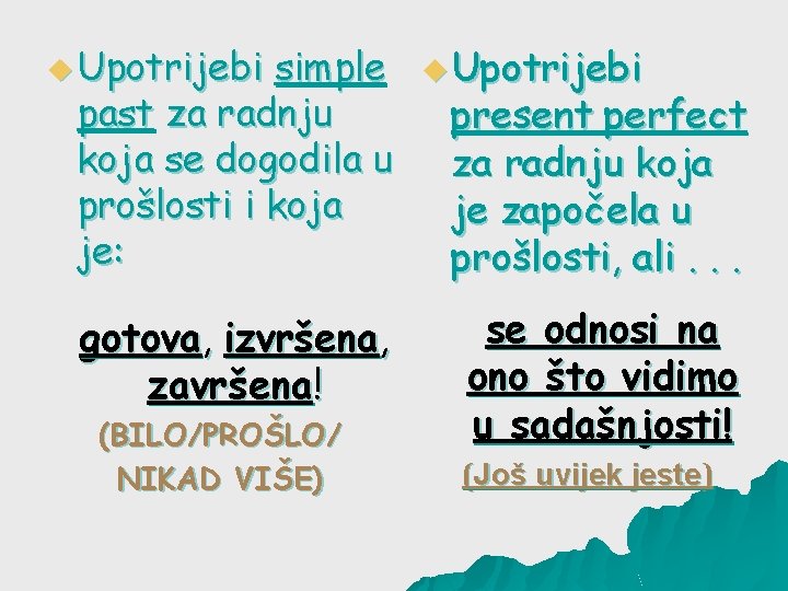 u Upotrijebi simple past za radnju koja se dogodila u prošlosti i koja je: