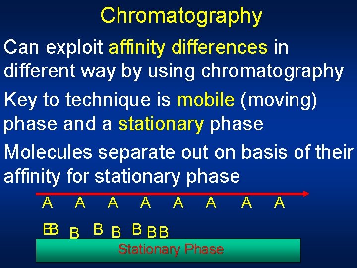 Chromatography Can exploit affinity differences in different way by using chromatography Key to technique