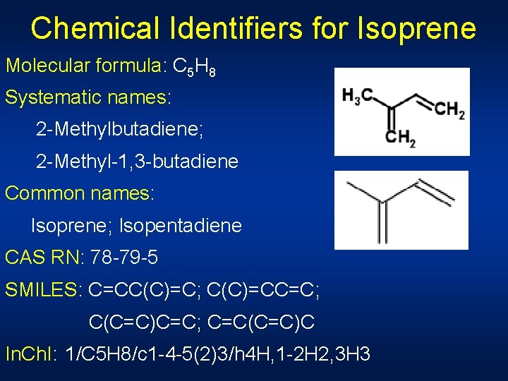 Chemical Identifiers for Isoprene Molecular formula: C 5 H 8 Systematic names: 2 -Methylbutadiene;