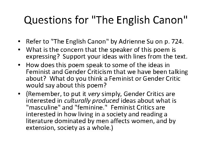 Questions for "The English Canon" • Refer to "The English Canon" by Adrienne Su