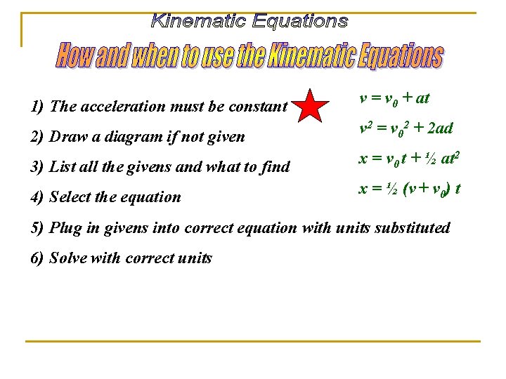 1) The acceleration must be constant v = v 0 + at 2) Draw
