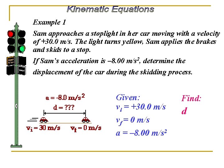 Example 1 Sam approaches a stoplight in her car moving with a velocity of
