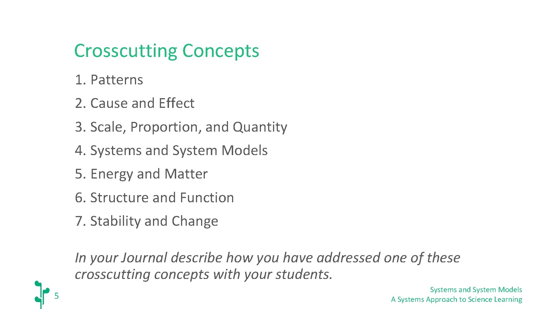 Crosscutting Concepts 1. Patterns 2. Cause and Effect 3. Scale, Proportion, and Quantity 4.