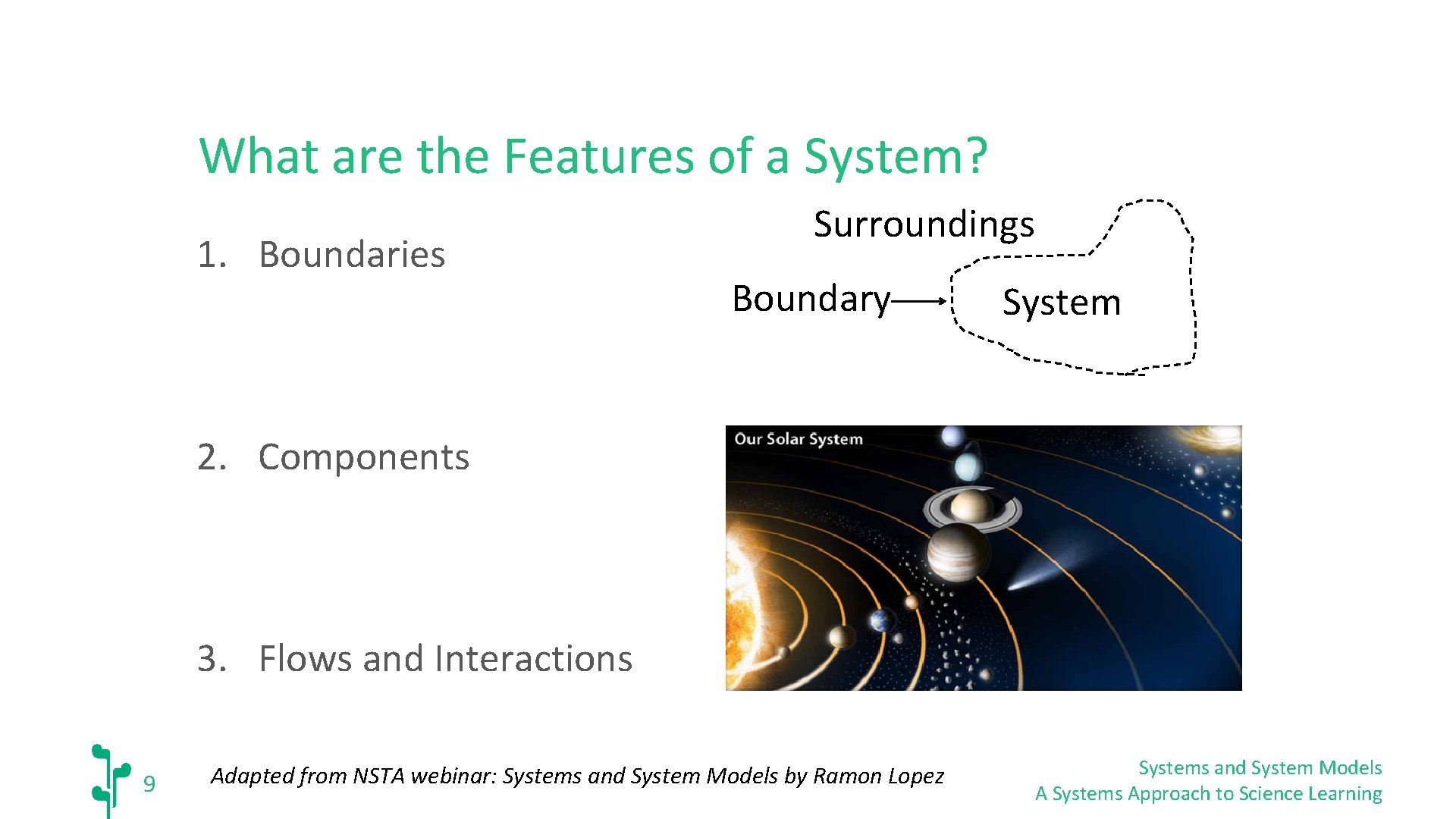 What are the Features of a System? 1. Boundaries Surroundings Boundary System 2. Components