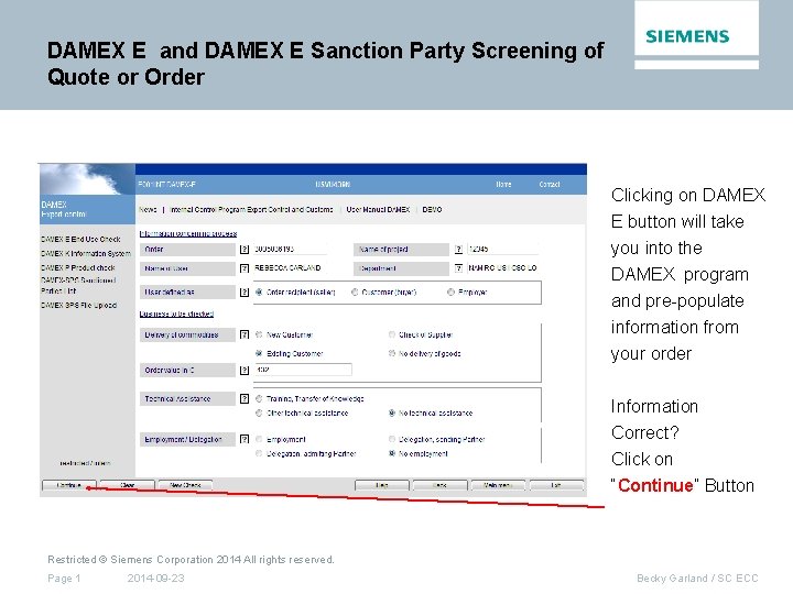 DAMEX E and DAMEX E Sanction Party Screening of Quote or Order Clicking on