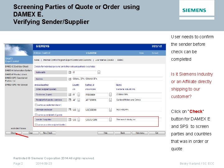 Screening Parties of Quote or Order using DAMEX E. Verifying Sender/Supplier User needs to