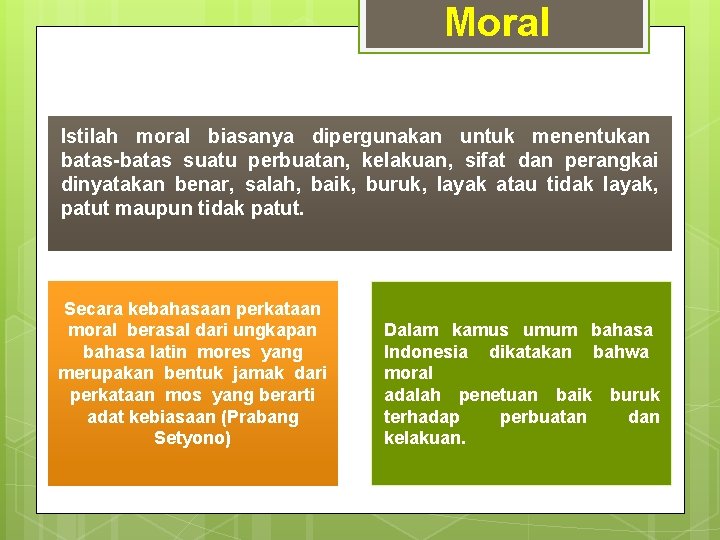 Moral Istilah moral biasanya dipergunakan untuk menentukan batas-batas suatu perbuatan, kelakuan, sifat dan perangkai