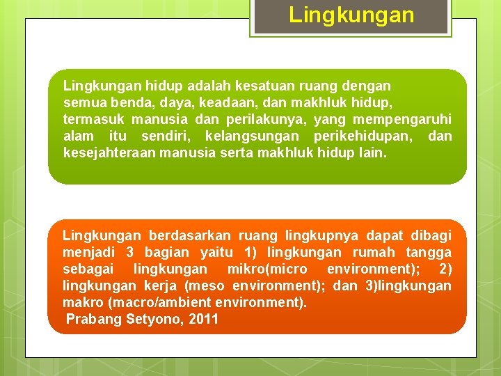 Lingkungan hidup adalah kesatuan ruang dengan semua benda, daya, keadaan, dan makhluk hidup, termasuk