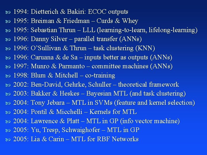  1994: Dietterich & Bakiri: ECOC outputs 1995: Breiman & Friedman – Curds &