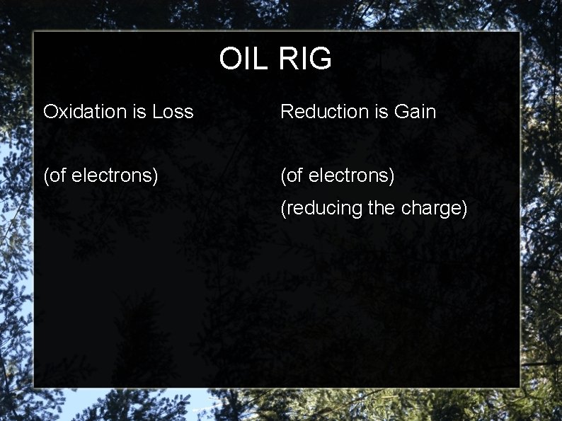 OIL RIG Oxidation is Loss Reduction is Gain (of electrons) (reducing the charge) 