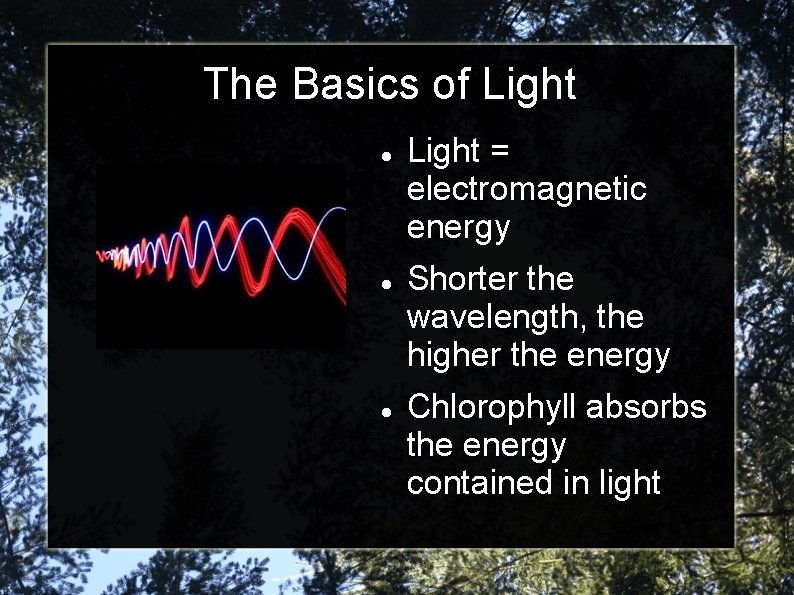 The Basics of Light = electromagnetic energy Shorter the wavelength, the higher the energy