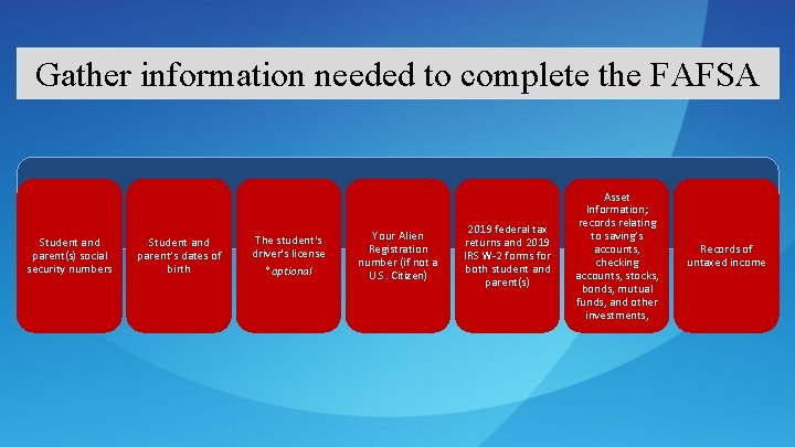 Gather information needed to complete the FAFSA Student and parent(s) social security numbers Student