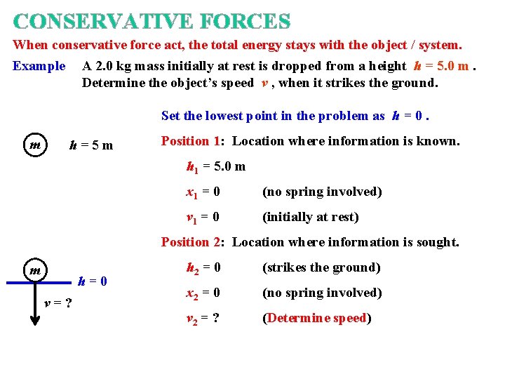 CONSERVATIVE FORCES When conservative force act, the total energy stays with the object /