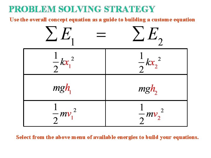 PROBLEM SOLVING STRATEGY Use the overall concept equation as a guide to building a