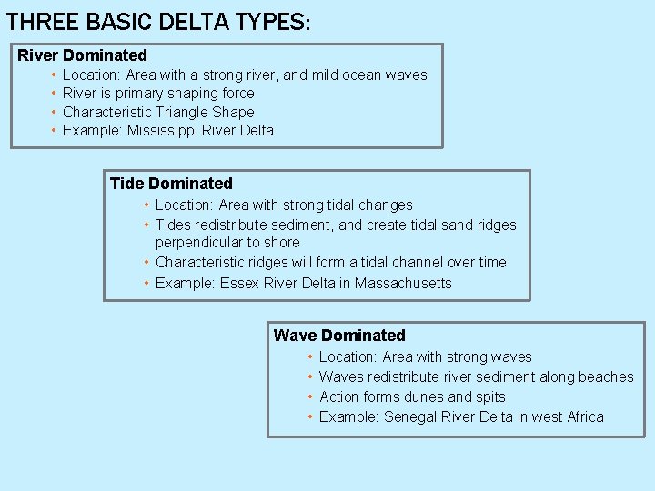 THREE BASIC DELTA TYPES: River Dominated • • Location: Area with a strong river,