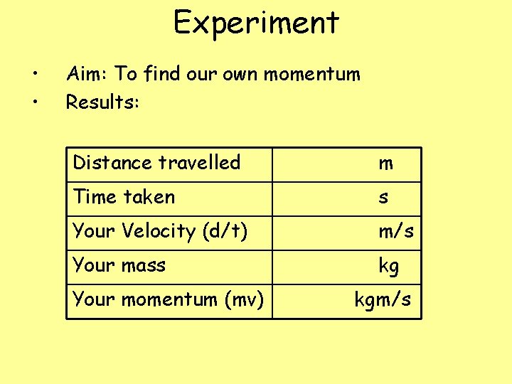 Experiment • • Aim: To find our own momentum Results: Distance travelled m Time