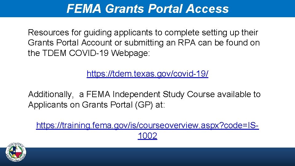 FEMA Grants Portal Access Resources for guiding applicants to complete setting up their Grants