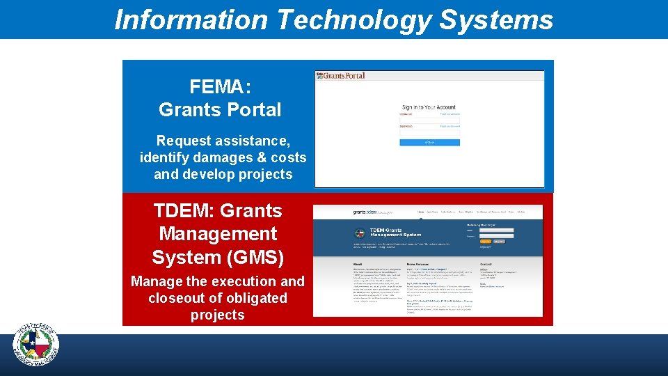 Information Technology Systems FEMA: Grants Portal Request assistance, identify damages & costs and develop