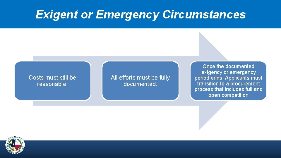 Exigent or Emergency Circumstances Costs must still be reasonable. All efforts must be fully