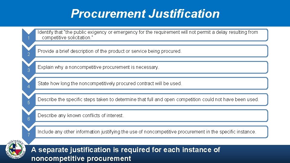 Procurement Justification 1 2 3 4 5 6 7 Identify that “the public exigency