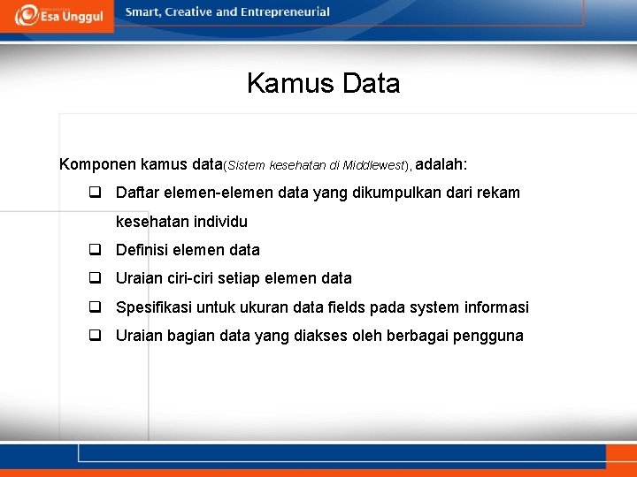 Kamus Data Komponen kamus data(Sistem kesehatan di Middlewest), adalah: q Daftar elemen-elemen data yang Kamus Data Komponen kamus data(Sistem kesehatan di Middlewest), adalah: q Daftar elemen-elemen data yang