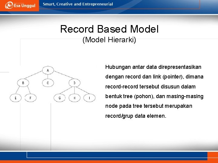 Record Based Model (Model Hierarki) Hubungan antar data direpresentasikan dengan record dan link (pointer), Record Based Model (Model Hierarki) Hubungan antar data direpresentasikan dengan record dan link (pointer),