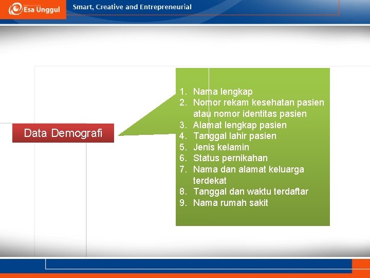 Data Demografi 1. Nama lengkap 2. Nomor rekam kesehatan pasien atau nomor identitas pasien Data Demografi 1. Nama lengkap 2. Nomor rekam kesehatan pasien atau nomor identitas pasien