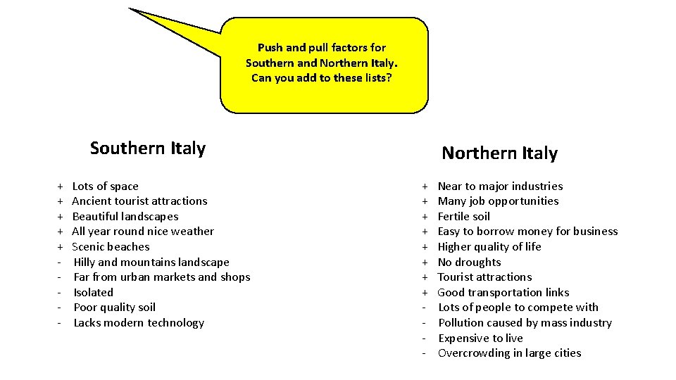 Push and pull factors for Southern and Northern Italy. Can you add to these