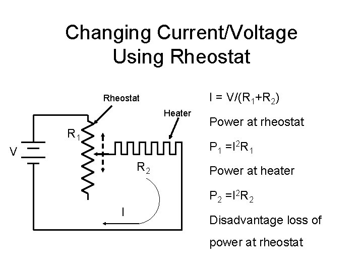 Changing Current/Voltage Using Rheostat I = V/(R 1+R 2) Rheostat Heater R 1 Power