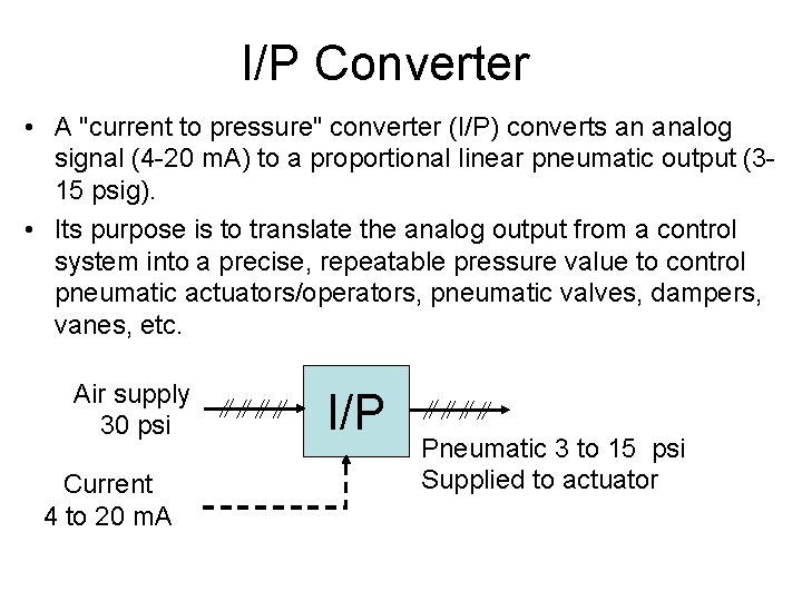 I/P Converter • A "current to pressure" converter (I/P) converts an analog signal (4
