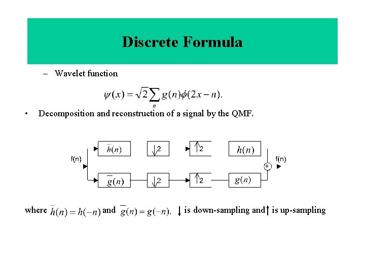 Discrete Formula – Wavelet function • Decomposition and reconstruction of a signal by the Discrete Formula – Wavelet function • Decomposition and reconstruction of a signal by the