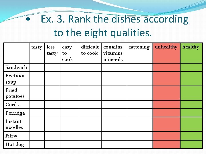  • Ex. 3. Rank the dishes according to the eight qualities. tasty less
