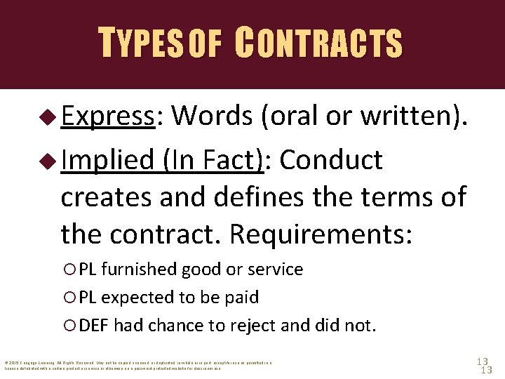 TYPES OF CONTRACTS u Express: Words (oral or written). u Implied (In Fact): Conduct