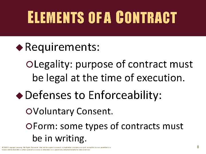 ELEMENTS OF A CONTRACT u Requirements: Legality: purpose of contract must be legal at