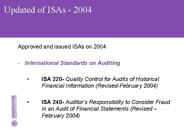 Updated of ISAs - 2004 Approved and issued ISAs on 2004 - International Standards