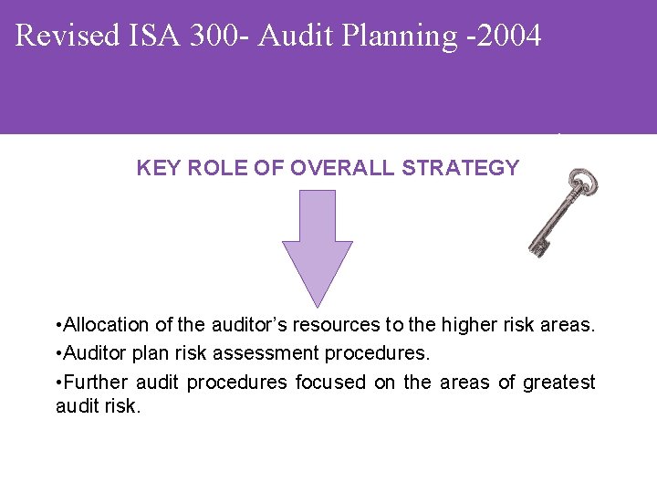 Revised ISA 300 - Audit Planning -2004 KEY ROLE OF OVERALL STRATEGY • Allocation