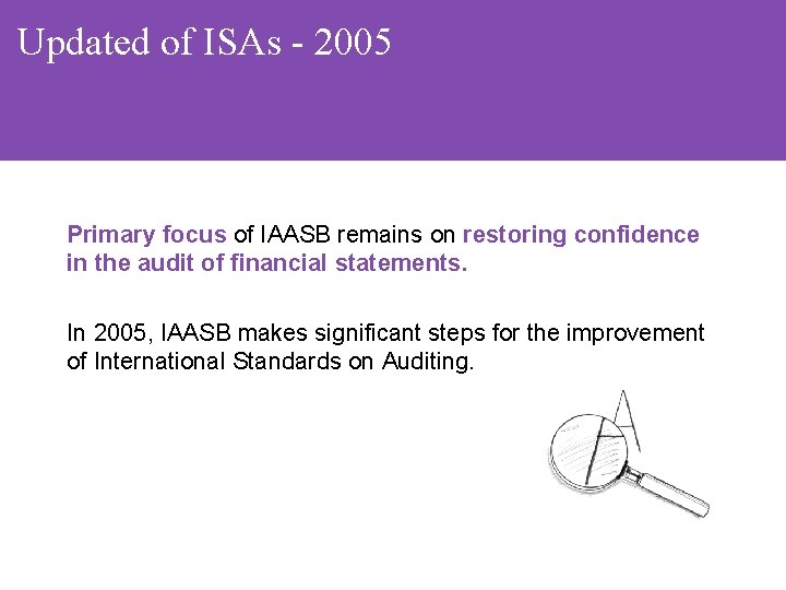 Updated of ISAs - 2005 Primary focus of IAASB remains on restoring confidence in