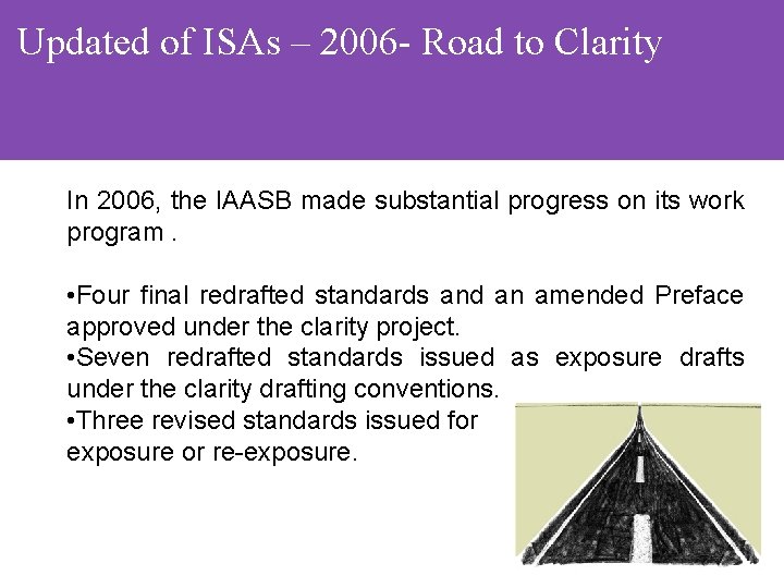 Updated of ISAs – 2006 - Road to Clarity In 2006, the IAASB made