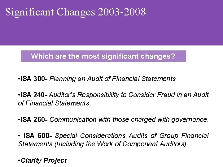 Significant Changes 2003 -2008 Which are the most significant changes? • ISA 300 -