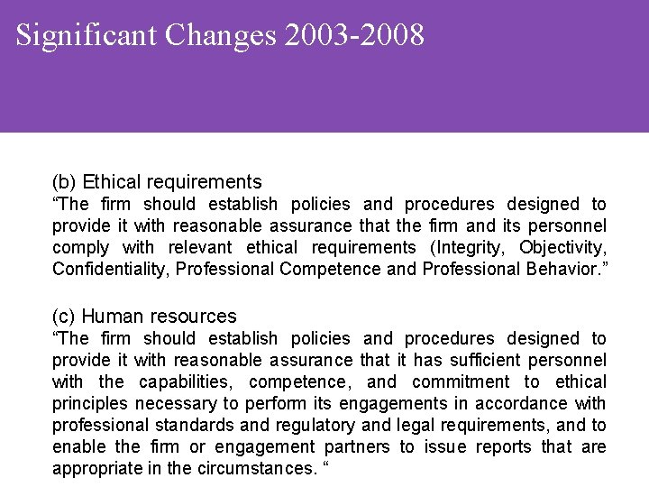 Significant Changes 2003 -2008 (b) Ethical requirements “The firm should establish policies and procedures