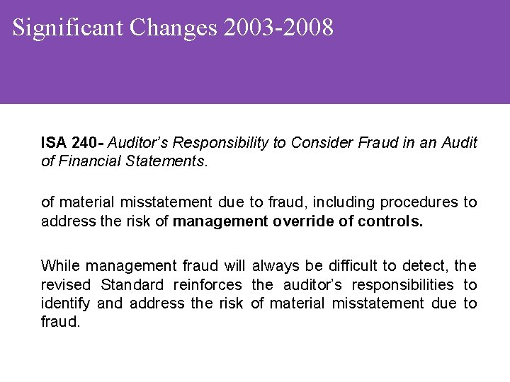 Significant Changes 2003 -2008 ISA 240 - Auditor’s Responsibility to Consider Fraud in an