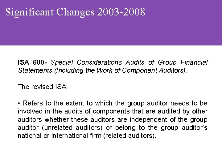 Significant Changes 2003 -2008 ISA 600 - Special Considerations Audits of Group Financial Statements