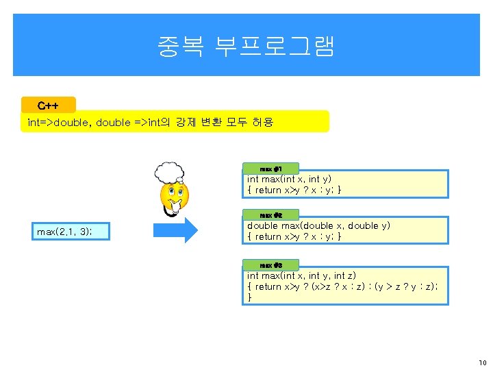 중복 부프로그램 C++ int=>double, double =>int의 강제 변환 모두 허용 max #1 int max(int